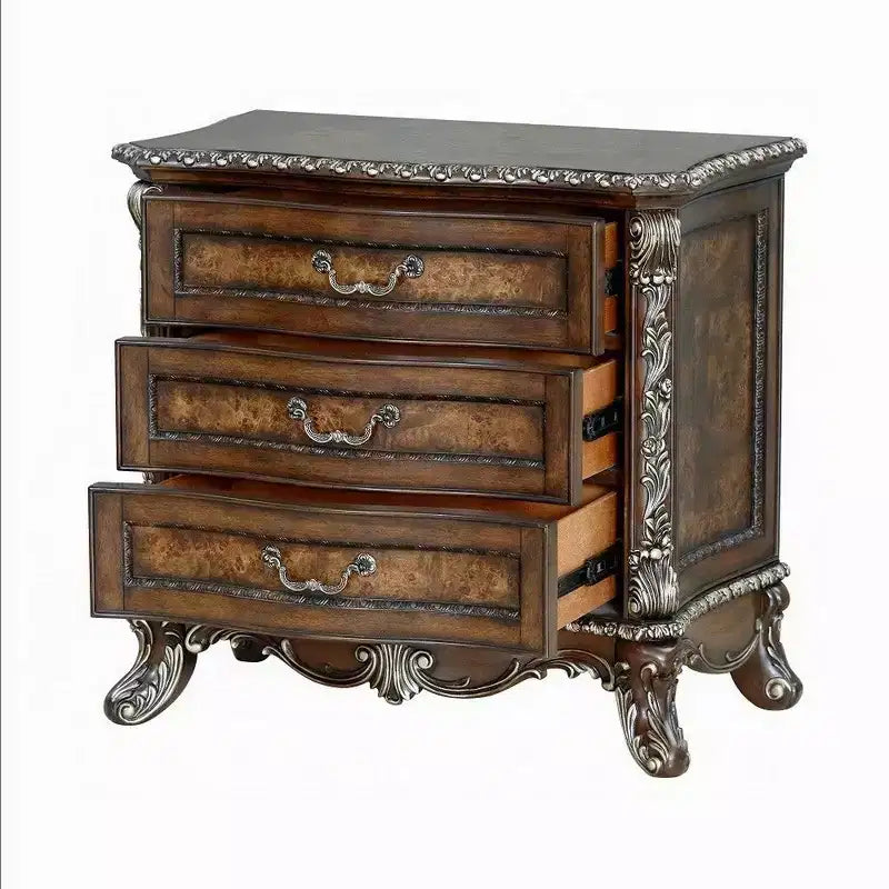 Table de chevet, avec bordure florale traditionnelle, 3 tiroirs, brun cerise