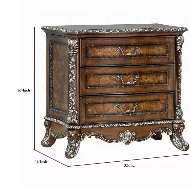 Table de chevet, avec bordure florale traditionnelle, 3 tiroirs, brun cerise