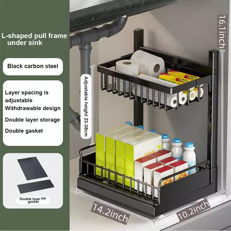 Organisateur sous évier avec tiroirs coulissants, Rangement d'armoire de cuisine réglable à 2 niveaux en forme de L, Étagère en métal pour salle de bain