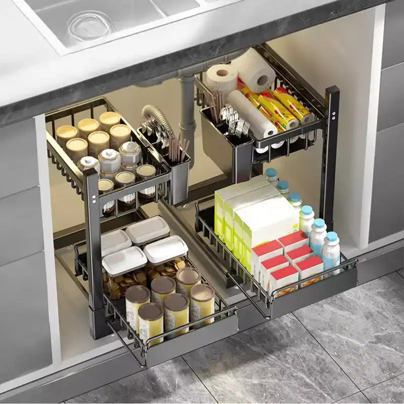 Organisateur sous évier avec tiroirs coulissants, Rangement d'armoire de cuisine réglable à 2 niveaux en forme de L, Étagère en métal pour salle de bain