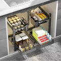 Organisateur sous évier avec tiroirs coulissants, Rangement d'armoire de cuisine réglable à 2 niveaux en forme de L, Étagère en métal pour salle de bain
