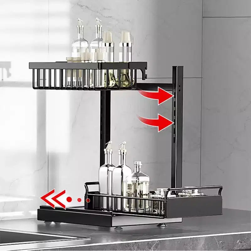 Organisateur sous évier avec tiroirs coulissants, Rangement d'armoire de cuisine réglable à 2 niveaux en forme de L, Étagère en métal pour salle de bain