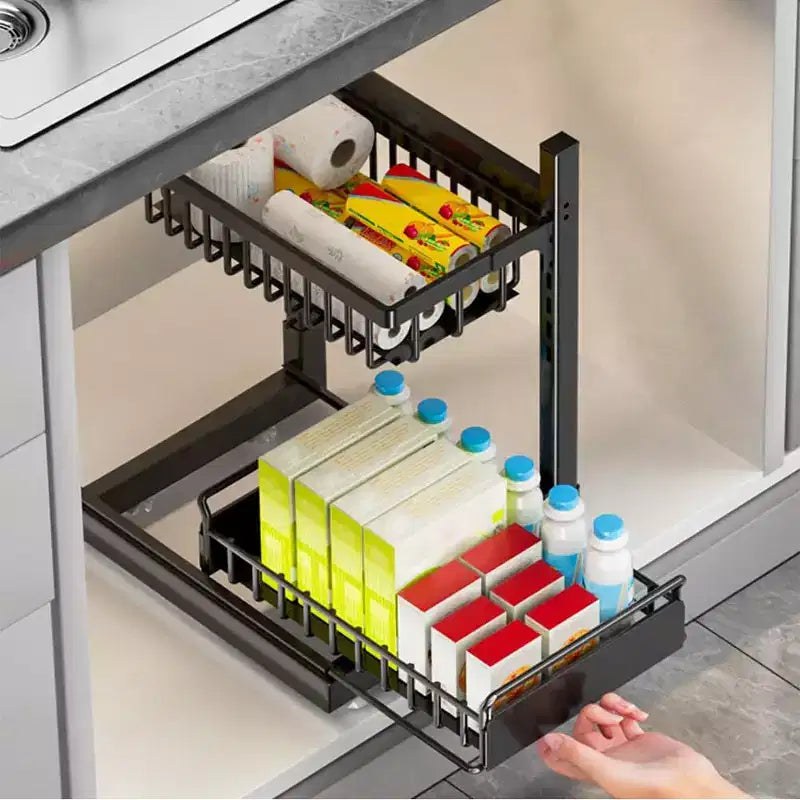 Organisateur sous évier avec tiroirs coulissants, Rangement d'armoire de cuisine réglable à 2 niveaux en forme de L, Étagère en métal pour salle de bain
