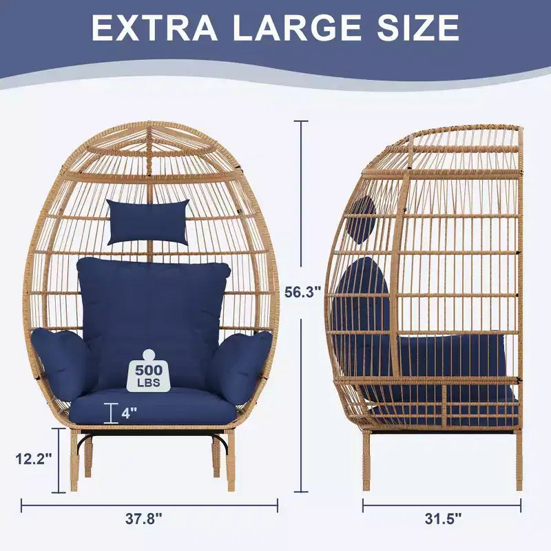 Fauteuil suspendu œuf en osier surdimensionné 500LBS, fauteuil lounge suspendu en rotin tout temps avec 5 coussins, fauteuil œuf de patio intérieur extérieur pour le jardin