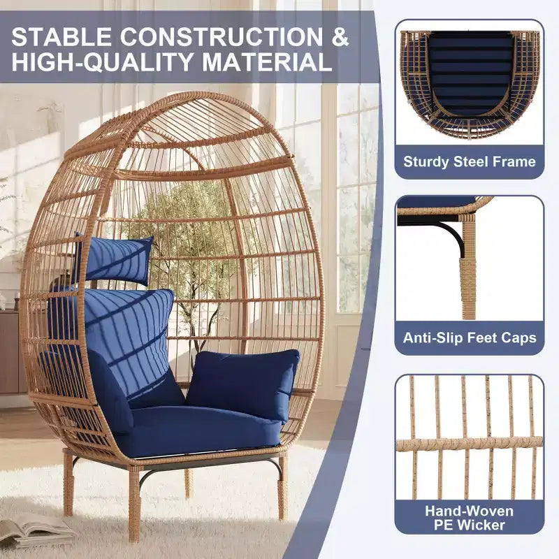 Fauteuil suspendu œuf en osier surdimensionné 500LBS, fauteuil lounge suspendu en rotin tout temps avec 5 coussins, fauteuil œuf de patio intérieur extérieur pour le jardin
