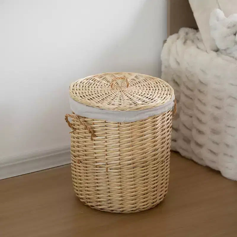 Panier à Linge Rond en Osier avec Couvercle, Poignées Latérales et Doublure en Tissu Amovible, Corbeille de Rangement Décorative Naturelle