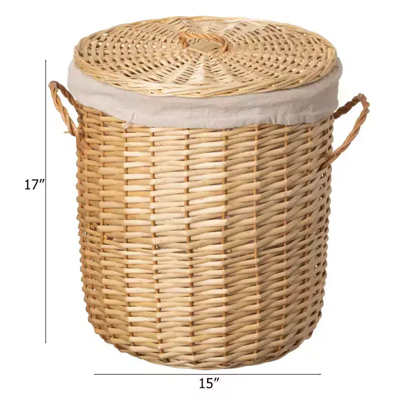Panier à Linge Rond en Osier avec Couvercle, Poignées Latérales et Doublure en Tissu Amovible, Corbeille de Rangement Décorative Naturelle