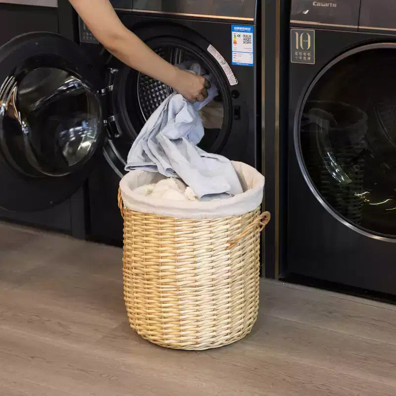 Panier à Linge Rond en Osier avec Couvercle, Poignées Latérales et Doublure en Tissu Amovible, Corbeille de Rangement Décorative Naturelle