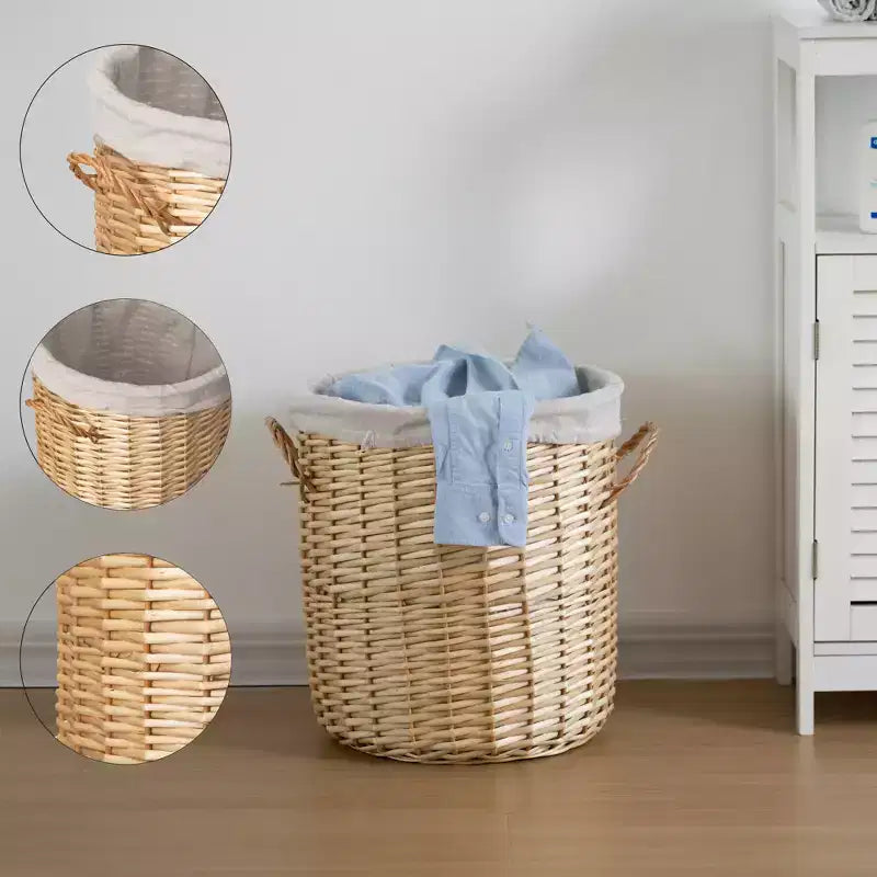 Panier à Linge Rond en Osier avec Couvercle, Poignées Latérales et Doublure en Tissu Amovible, Corbeille de Rangement Décorative Naturelle