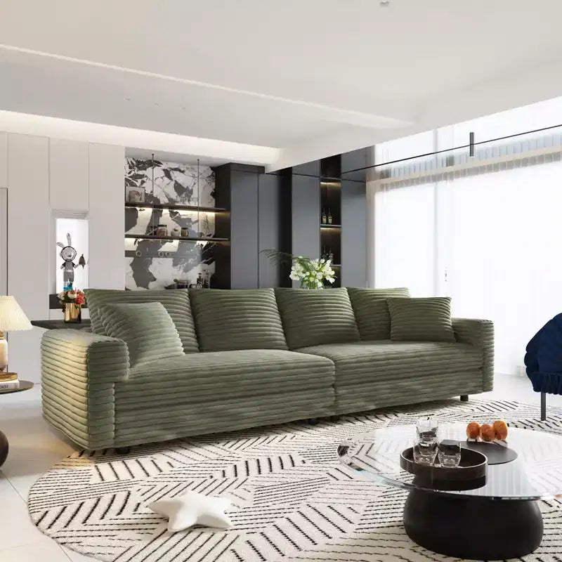Canapé moderne 4 places rembourré et confortable avec oreillers moelleux, convertible et profond, pour salon, chambre, vert