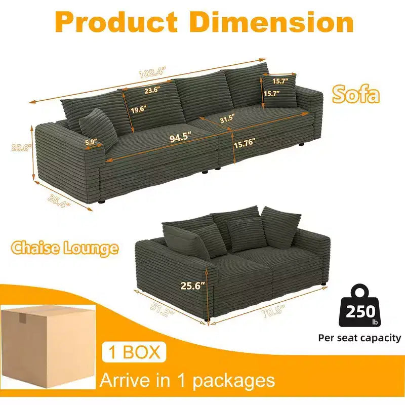 Canapé moderne 4 places rembourré et confortable avec oreillers moelleux, convertible et profond, pour salon, chambre, vert