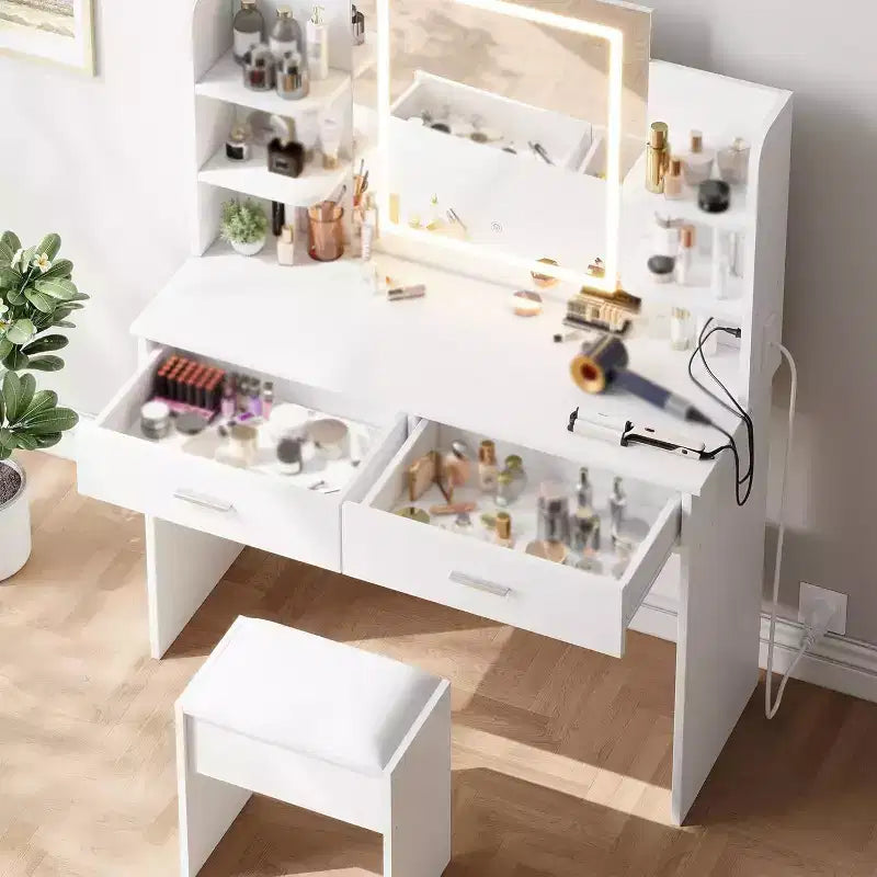 Coiffeuse avec miroir lumineux, tabouret, prise de courant, 6 étagères, 2 grands tiroirs, LED réglable 3 couleurs, coiffeuse de maquillage pour chambre, blanche