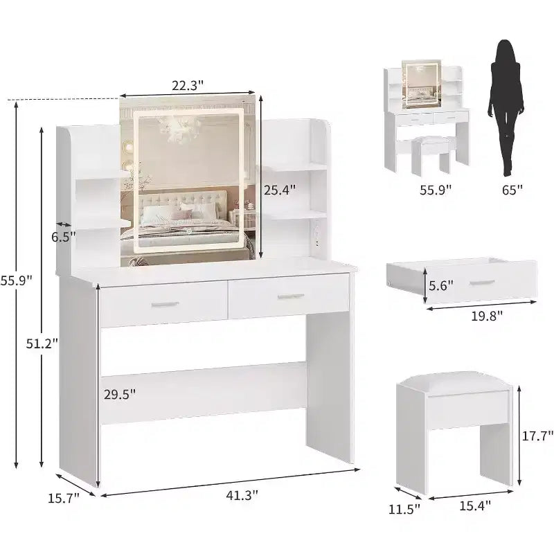 Coiffeuse avec miroir lumineux, tabouret, prise de courant, 6 étagères, 2 grands tiroirs, LED réglable 3 couleurs, coiffeuse de maquillage pour chambre, blanche