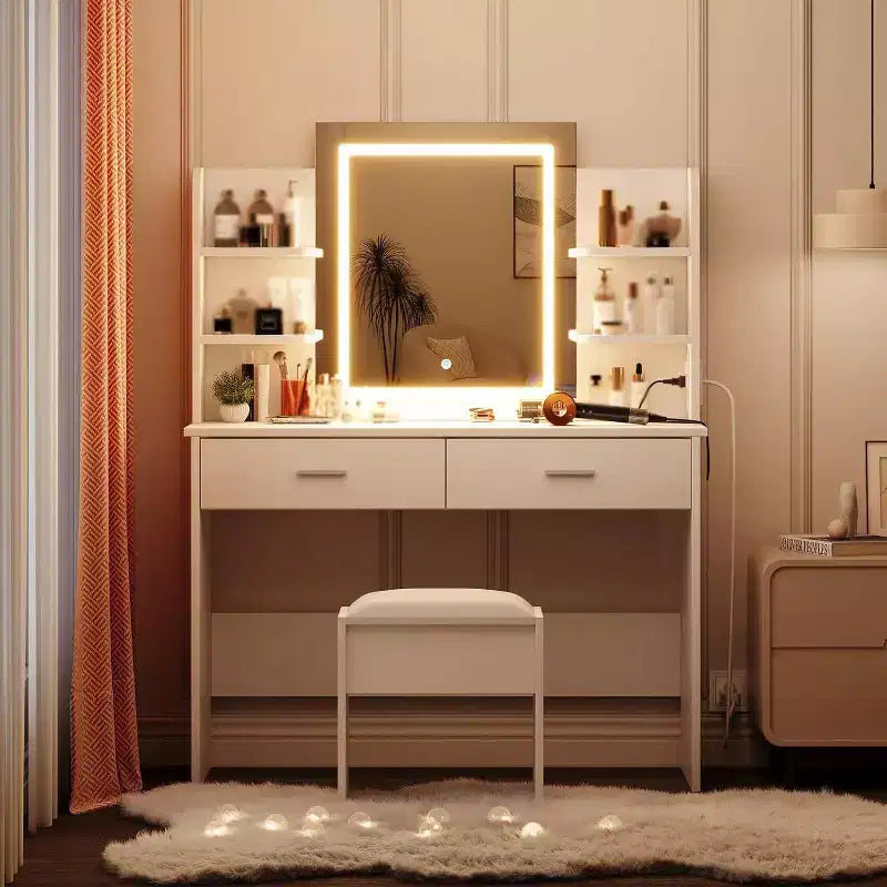 Coiffeuse avec miroir lumineux, tabouret, prise de courant, 6 étagères, 2 grands tiroirs, LED réglable 3 couleurs, coiffeuse de maquillage pour chambre, blanche