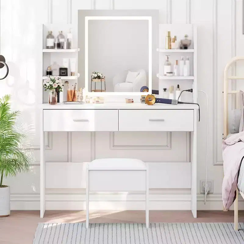 Coiffeuse avec miroir lumineux, tabouret, prise de courant, 6 étagères, 2 grands tiroirs, LED réglable 3 couleurs, coiffeuse de maquillage pour chambre, blanche
