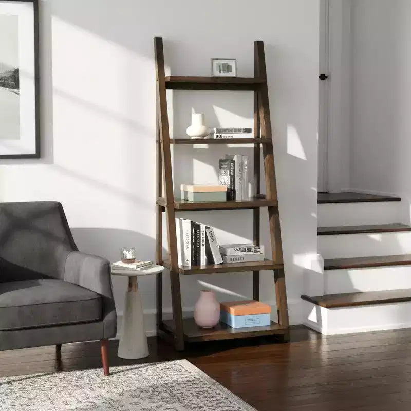 Étagère échelle à 5 niveaux avec étagères ouvertes pour salon ou bureau à domicile, Noyer