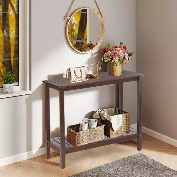Okak Vintage Wooden Console Table with Bottom Shelf, Entryway Table with Stripe Design, Accent Table for Living Room, Hallway, Brown