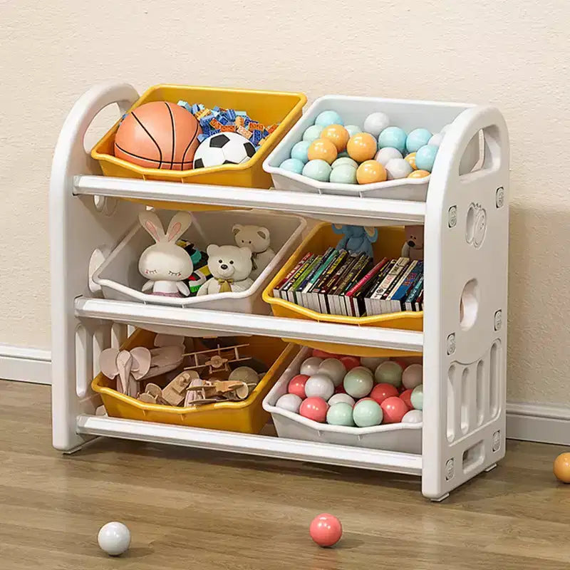 Organisateur de rangement de jouets pour enfants, meuble de rangement de jouets multifonctionnel pour chambre d'enfant avec étagère et bacs en PEHD