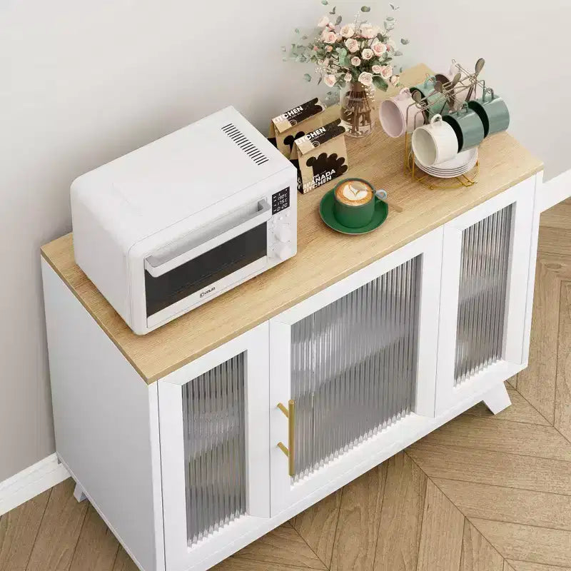 Buffet, Meuble de Rangement Buffet avec Étagères Réglables et Porte en Verre Cannelé, Bar à Café Moderne, Table pour Cuisine, Salle à Manger