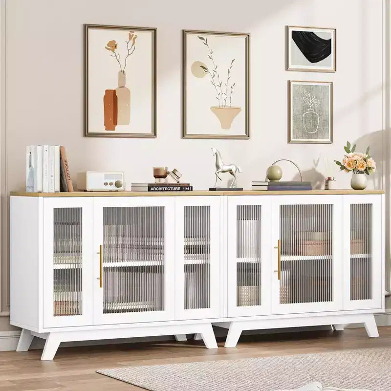 Buffet, Meuble de Rangement Buffet avec Étagères Réglables et Porte en Verre Cannelé, Bar à Café Moderne, Table pour Cuisine, Salle à Manger