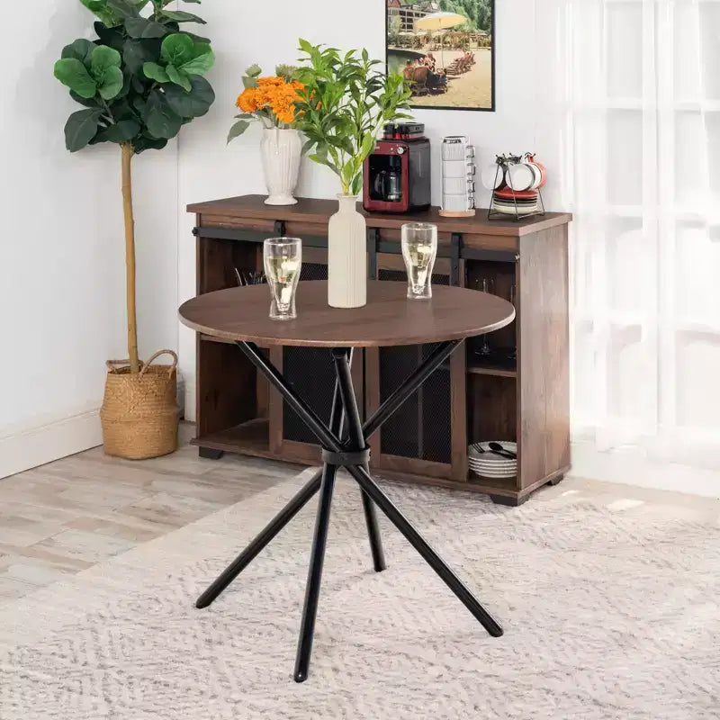 Table à manger ronde de 80 cm pour 2 personnes, Table de cuisine en bois avec pied central et pieds en métal pour café, restaurant et repas à la maison
