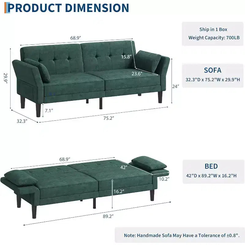 Canapé-lit futon 89, canapé-lit moderne en chenille, dossier et accoudoirs réglables, canapé-futon convertible, pour salon (deux oreillers)