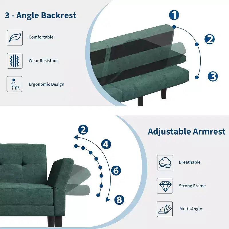 Canapé-lit futon 89, canapé-lit moderne en chenille, dossier et accoudoirs réglables, canapé-futon convertible, pour salon (deux oreillers)