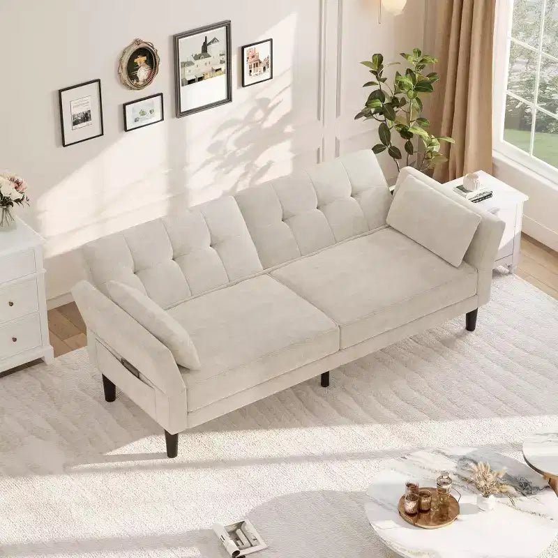 Canapé-lit futon 89, canapé-lit moderne en chenille, dossier et accoudoirs réglables, canapé-futon convertible, pour salon (deux oreillers)