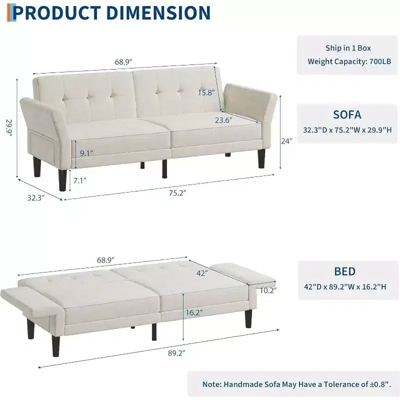 Canapé-lit futon 89, canapé-lit moderne en chenille, dossier et accoudoirs réglables, canapé-futon convertible, pour salon (deux oreillers)