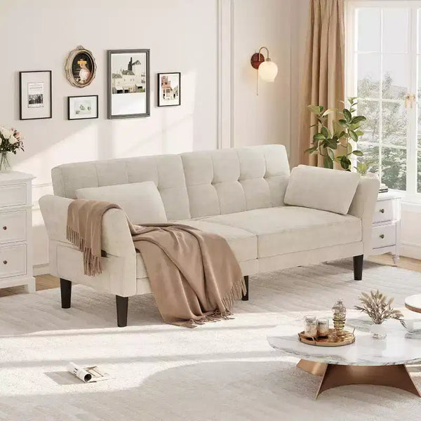 89 Futon Sofa Bed, Modern Chenille Sleeper Couch, Adjustable Backrest & Armrest, Convertible Futon Couch, for Living Room, (Two pillows)