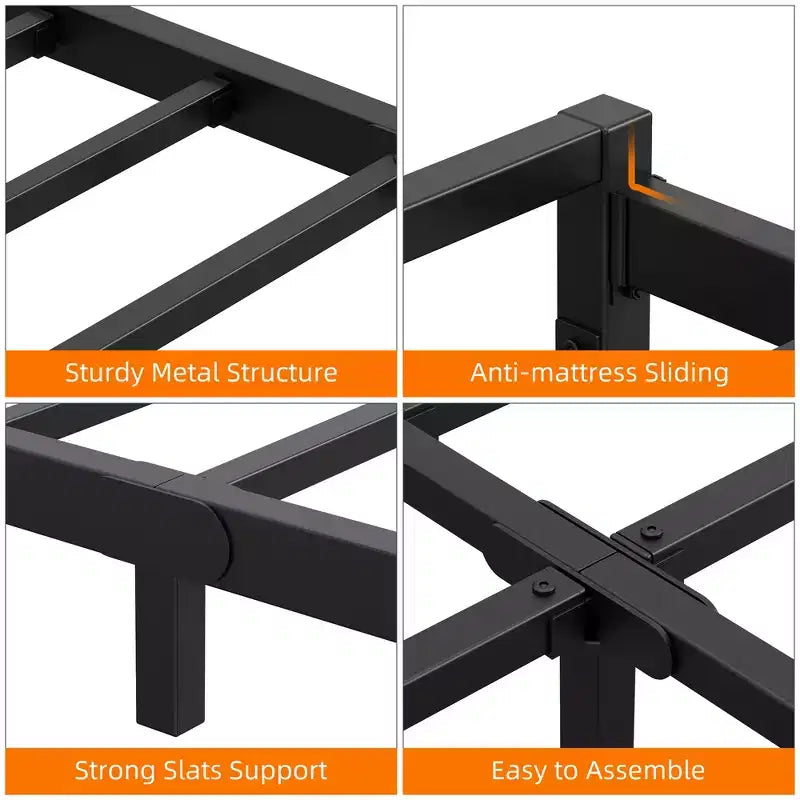 Cadre de lit plateforme en métal avec barres de support en acier robustes et base de matelas, design minimaliste, facile à assembler, aucun sommier tapissier requis, noir
