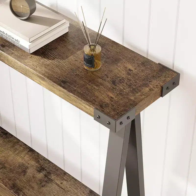 Console de ferme avec étagère de rangement à 2 niveaux, table d'entrée/couloir en bois rustique avec cadre en métal et étagère inférieure