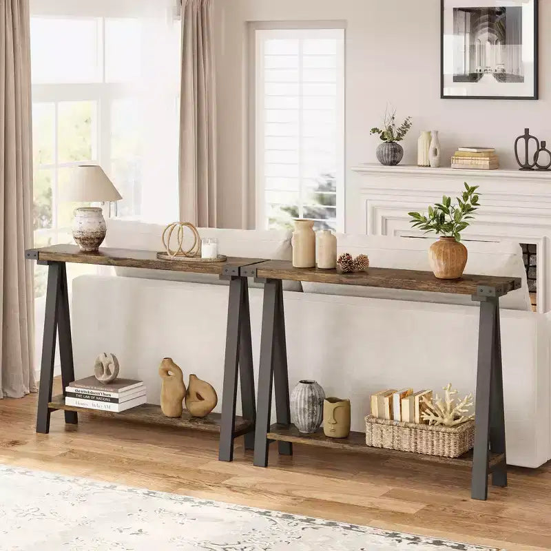 Console de ferme avec étagère de rangement à 2 niveaux, table d'entrée/couloir en bois rustique avec cadre en métal et étagère inférieure