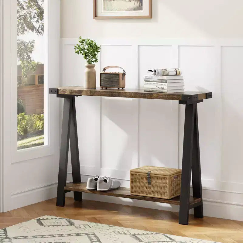Console de ferme avec étagère de rangement à 2 niveaux, table d'entrée/couloir en bois rustique avec cadre en métal et étagère inférieure