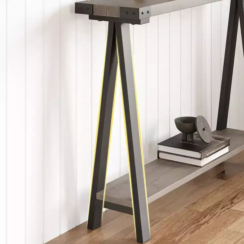 Console de ferme avec étagère de rangement à 2 niveaux, table d'entrée/couloir en bois rustique avec cadre en métal et étagère inférieure