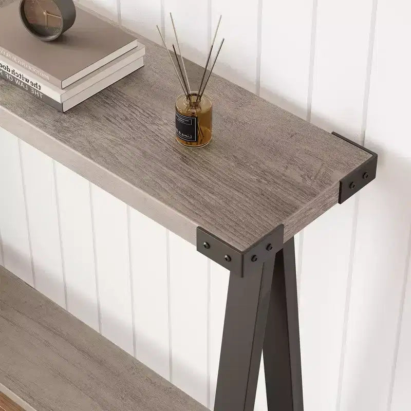 Console de ferme avec étagère de rangement à 2 niveaux, table d'entrée/couloir en bois rustique avec cadre en métal et étagère inférieure