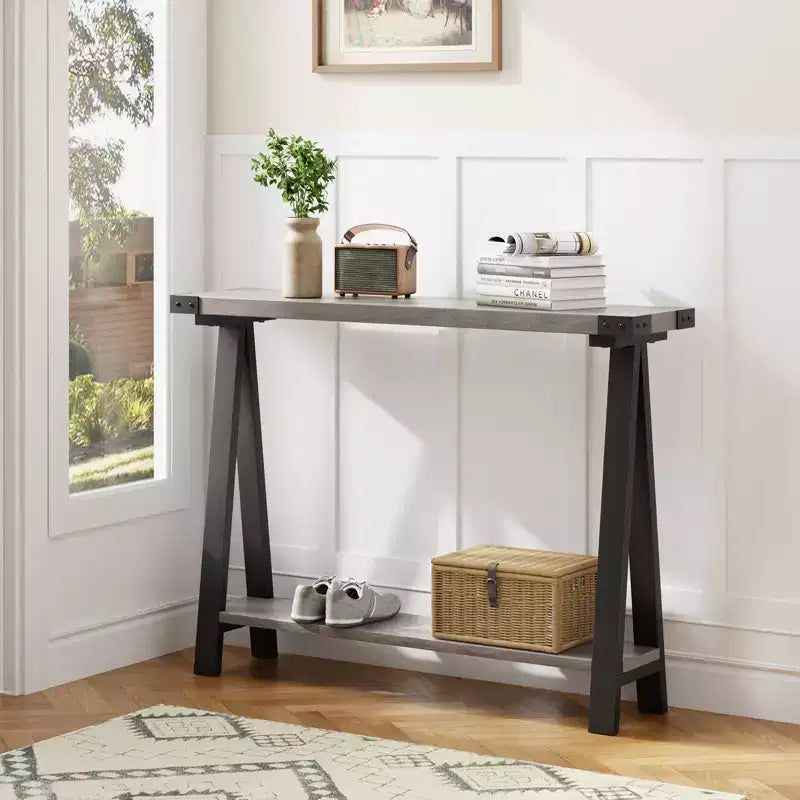 Console de ferme avec étagère de rangement à 2 niveaux, table d'entrée/couloir en bois rustique avec cadre en métal et étagère inférieure