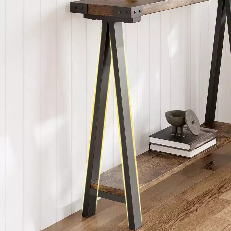 Console de ferme avec étagère de rangement à 2 niveaux, table d'entrée/couloir en bois rustique avec cadre en métal et étagère inférieure