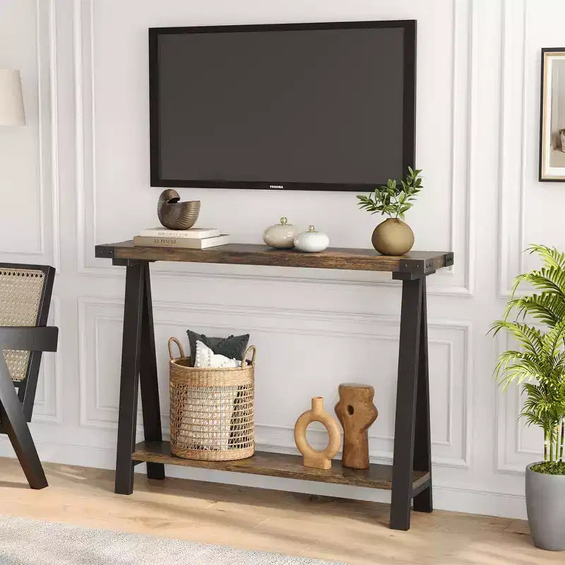 Console de ferme avec étagère de rangement à 2 niveaux, table d'entrée/couloir en bois rustique avec cadre en métal et étagère inférieure