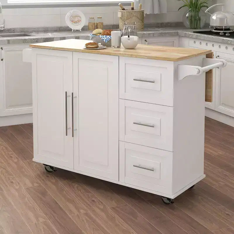 Îlot de cuisine moderne avec plateau en bois extensible, chariot de cuisine avec porte-épices et porte-serviettes pour cuisine, salle à manger, blanc
