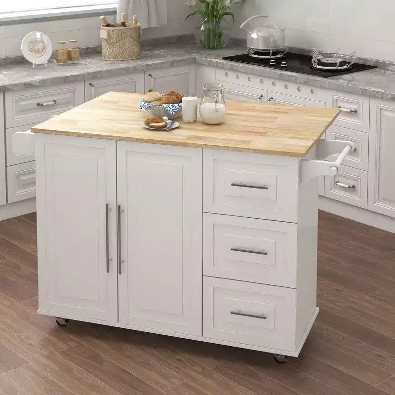 Îlot de cuisine moderne avec plateau en bois extensible, chariot de cuisine avec porte-épices et porte-serviettes pour cuisine, salle à manger, blanc
