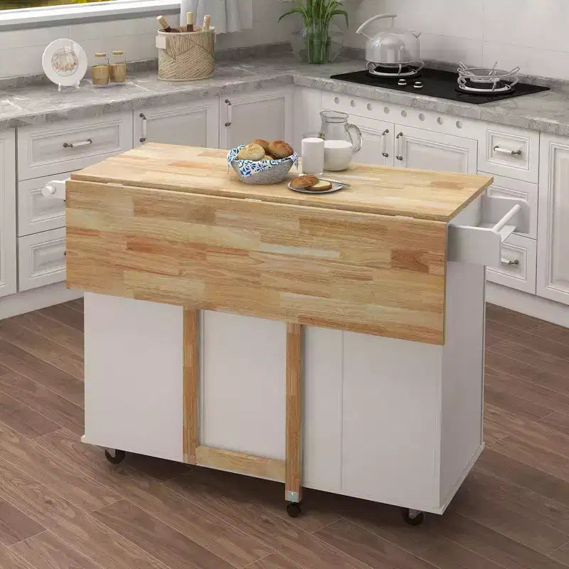 Îlot de cuisine moderne avec plateau en bois extensible, chariot de cuisine avec porte-épices et porte-serviettes pour cuisine, salle à manger, blanc