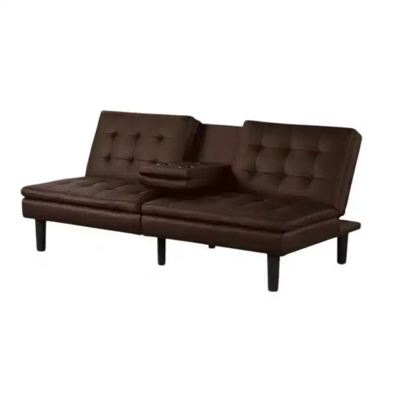Canapé-lit futon, plateau rabattable et porte-gobelets, similicuir marron