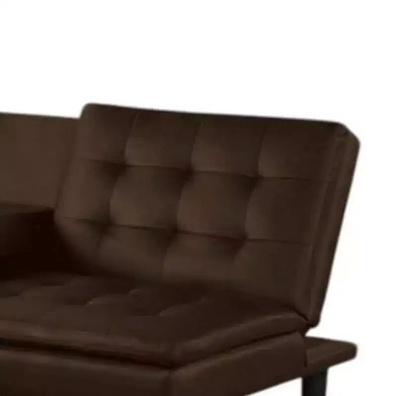 Canapé-lit futon, plateau rabattable et porte-gobelets, similicuir marron