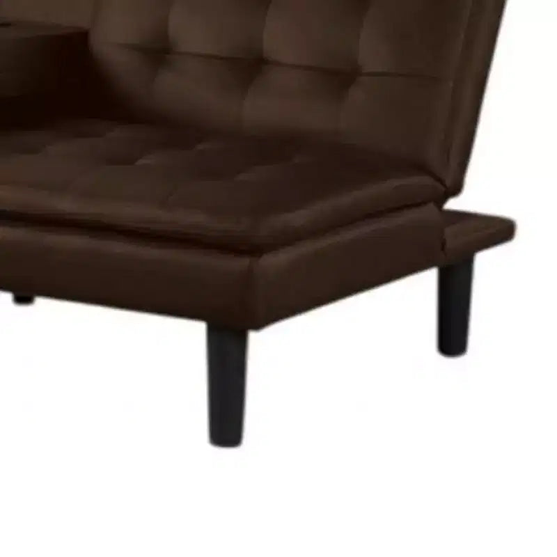 Canapé-lit futon, plateau rabattable et porte-gobelets, similicuir marron
