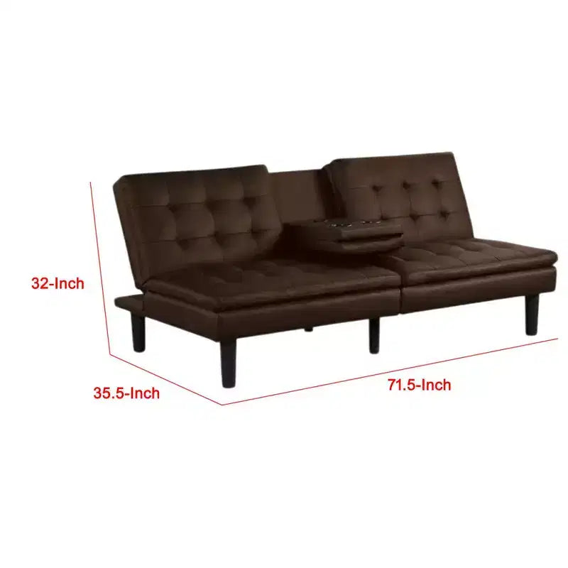 Canapé-lit futon, plateau rabattable et porte-gobelets, similicuir marron