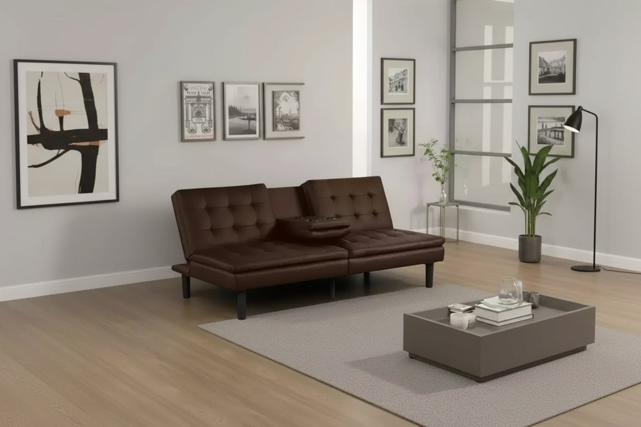 Canapé-lit futon, plateau rabattable et porte-gobelets, similicuir marron