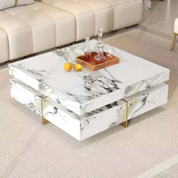 Square Coffee Table Cocktail Table Center Table Sofa Side Table Floating Accent Table with 4 Drawers&Marble Textured, White - ModernLuxe