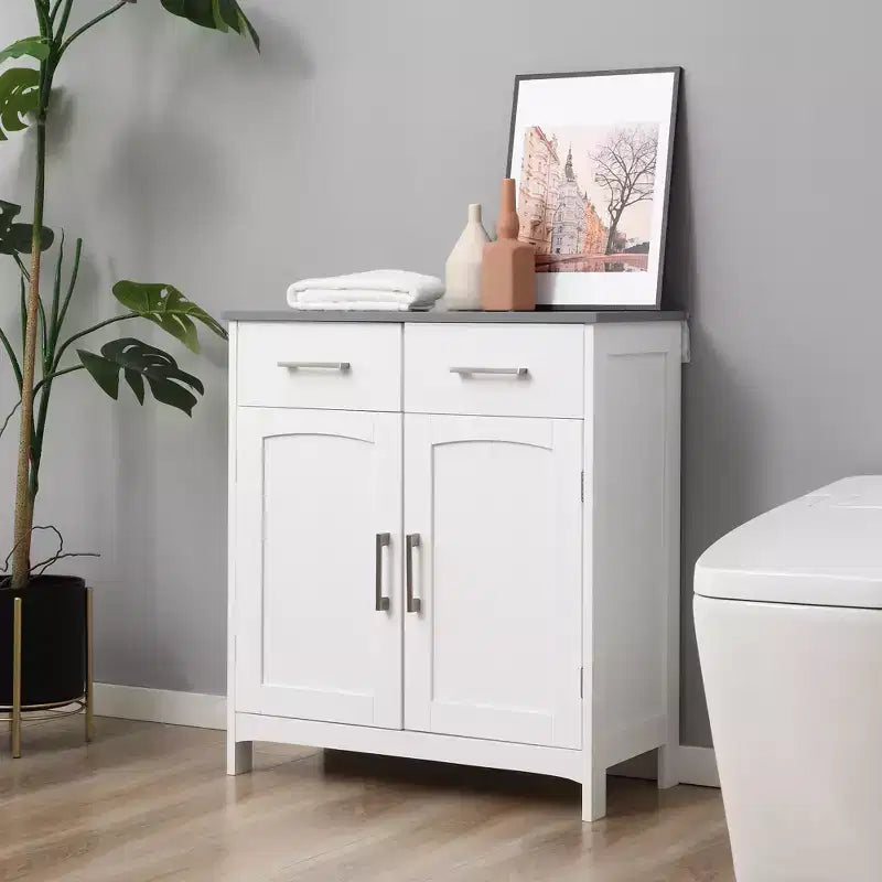 Meuble bas de salle de bain, Armoire de rangement autonome, Meuble de rangement avec 2 tiroirs, Double portes, Étagère réglable, Blanc