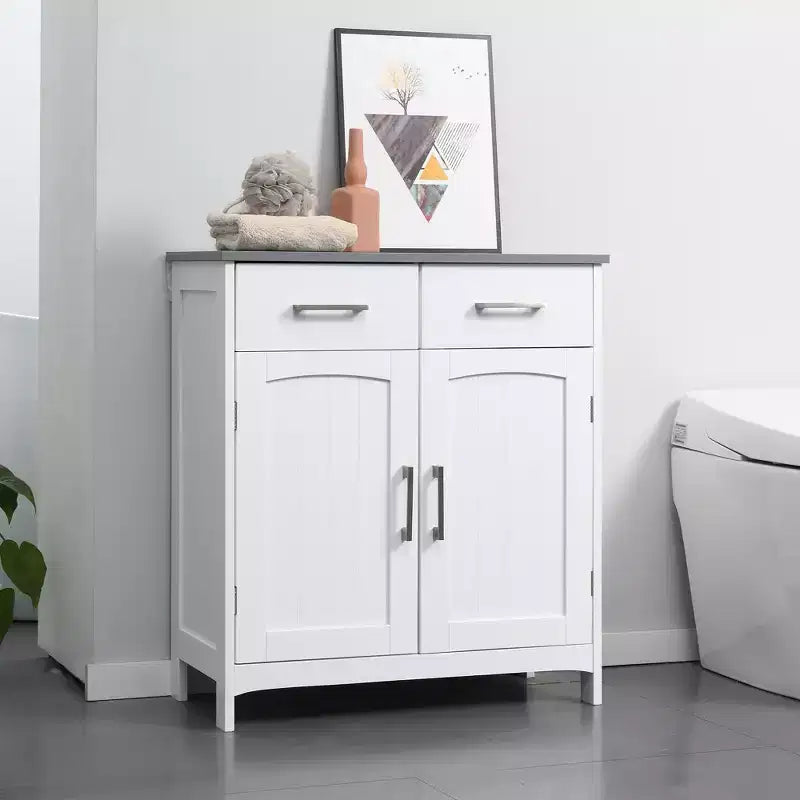Meuble bas de salle de bain, Armoire de rangement autonome, Meuble de rangement avec 2 tiroirs, Double portes, Étagère réglable, Blanc